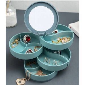 NEW 4-Tier Blue Rotating Jewelry Organizer w/ Mirror